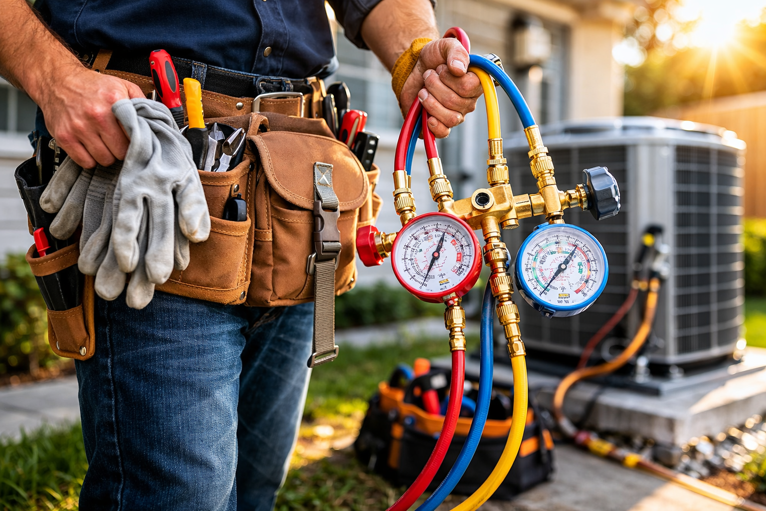AC Repair Specialist El Paso Professional air conditioning repair technician diagnosing a cooling system in El Paso home